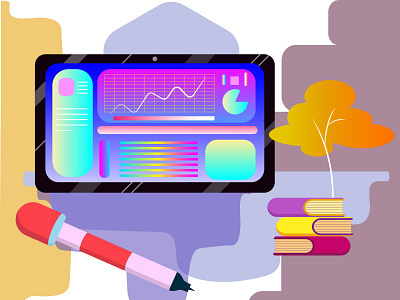 Composition with laptop, books and a pen. Business infographic