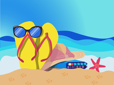 Summer dream vacation illustration with sunglasses, slippers. hat and towels. sand sea slippers starfish