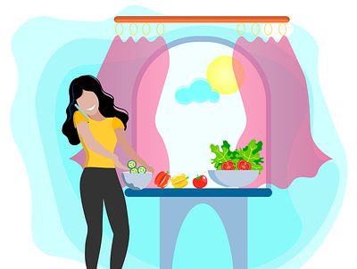 Cooking concept, talking wile making salad communication concept cooking diet girl healthy illustraion kitchen minimal mobile natural talking vector vegetables window