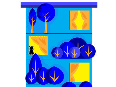 House with a cat at night cat concept flat house illustraion living minimal night sleep town trees vector