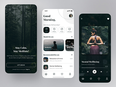 Meditation App app design clean dark mode flat health life style meditate meditation mindfulness minimal relaxation typography ui ui design ux wellness yoga