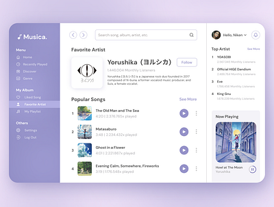 Musica - Music Dashboard UI Design 🎵 branding dashboard dashboard design design graphic design japanese landing page music music dashboard song ui ui design uiux ux ux design