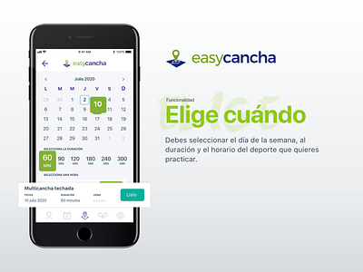 easycancha feature nº 1 app app design application calendar choose when date duration easy green hours iphone 7 mockup