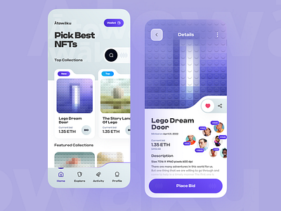 NFT Marketplace App app app design crypto crypto app cryptocurrency market market place minimal mobile mobile interface nft nft app nft market nft market place orix sajon trend ui design uiux wallet