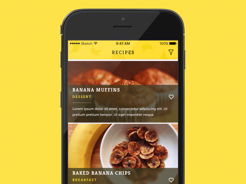 Banana Recipes - Filter animation cards expand filter iphone items recipes scroll ui