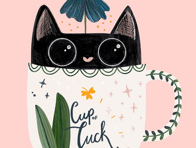Lucky Cat in a Cup artist black cat cartoon design illustration lucky lucky cat procreate