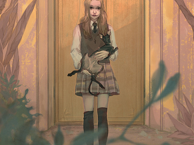 Schoolgirl dog girl illustration painting