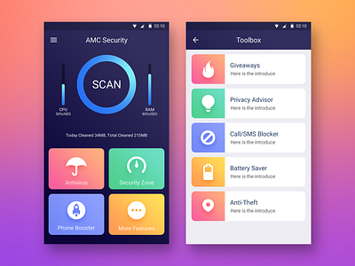 AMC 5 Main A clean color dashboard design google icons material mobile scan security toolbox ui ux
