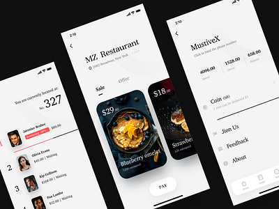 MZ Restaurant app card clean design food grey icons ios iphonex mobile order ui ux white