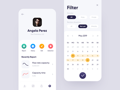 Vital Capacity Part 2 app blue calender capacity card chart clean dashboard design filter icons ios iphonex mobile profile purple ui ux