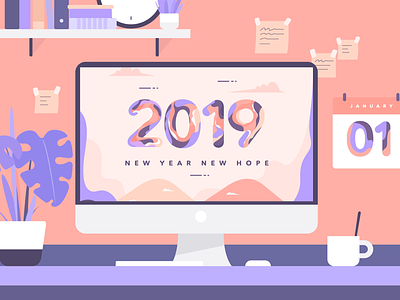 2019 2d flat animation 2019 after effect animation bubble gum cool flat design fun illustration imac mood motion graphic mountain new year 2019 purple soft colors transition vector work workspace