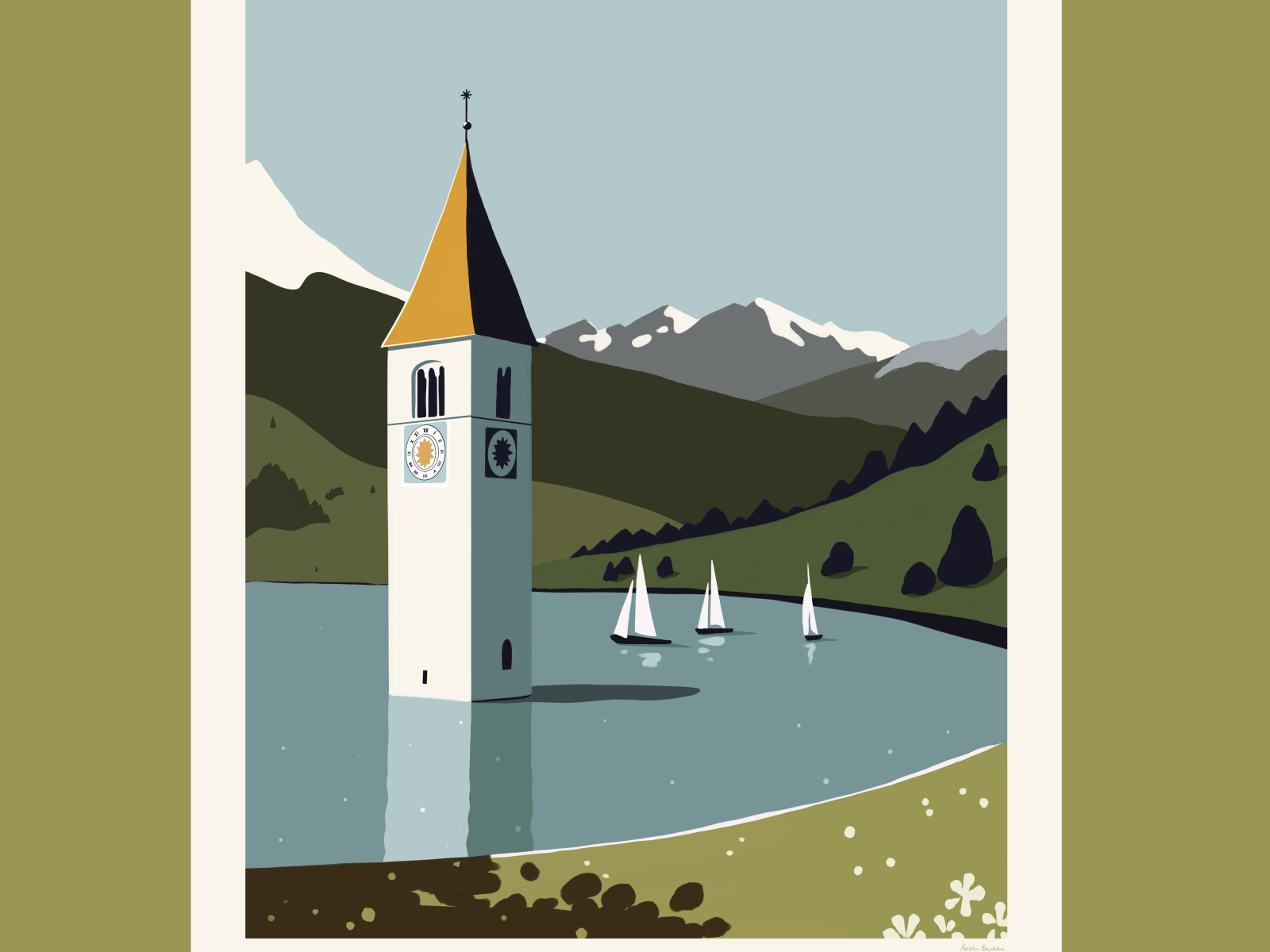 Alto Adige alto adige bell tower illustration lago di resia lake south tyrol sudtirolo