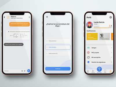 Education app screenshots - profile, test and chat app chat education mobile profile test ui