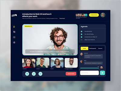 Slate - Video Conferencing Screen (Dark Mode) crypto dark mode design landing page minimal nft product design ui uiux ux video conferencing virtual meeting web web design web3.0