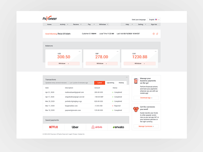 Payoneer User Dashboard clean clean ui coins concept credit idea money payment payment method payoneer redesign transaction uidesign uiux