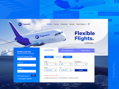 CapeAir Booking Page air airlines blue book booking capeair flights sky tickets ui web