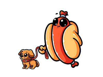 Hotdog is walking the dog