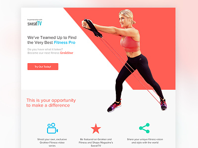 Fitness draft contest branding clean fitness flat icons interface landing page red responsive web page website
