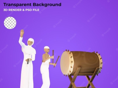 3d cartoon muslim boy and girl celebrating eid aladha with drums religious