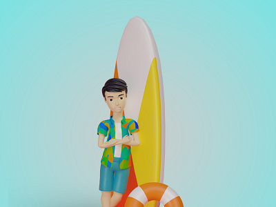 3d render of summer character design surfboard premium swimming 3d animation design graphic design icon illustration karakter summer