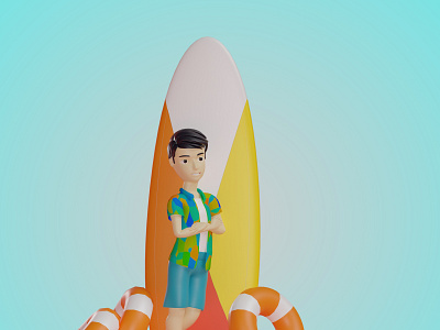 3d render of summer character design surfboard premium swimming