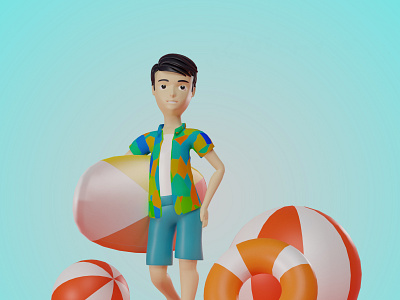 3d rendering of summer character illustration surfboard premium