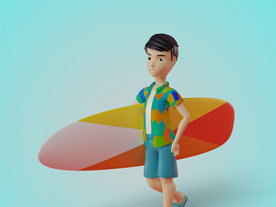 3d rendering of summer character illustration man carrying premi 3d animation balon bola design graphic design illustration karakter papan seluncur promosi summer