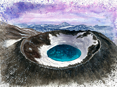 "Acid lake" watercolor illustration crater design illustration kamchatka lake nature volcano watercolor