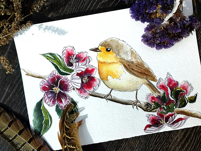 Bird bird birds blossom bookillustration design hand drawn illustration illustrator nature nature illustration postcard poster spring typography watercolor