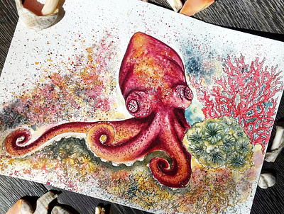 Octopus bookillustration design hand drawn illustration illustrator nature nature illustration ocean octopus poster print typography watercolor