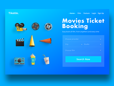 Movies ticket booking concept 3d illustation booking film illustration landing page movies search form ticket ui website design