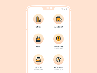 Services Screen for Parkwheels App bike car illustration maps parking ui yellow