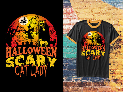 Halloween Scary Cat Lady T-Shirt Design Template skull