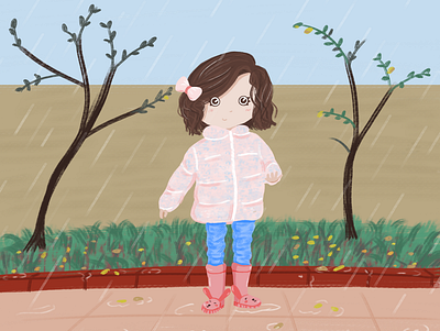 Girl in the rain childrens book childrens illustration color cute cute art digitalart girl girl character girl illustration girls illustration my art pink pink girl rabbit rain rainy winter