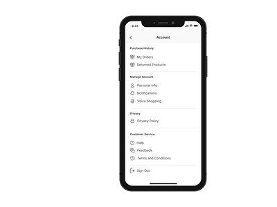 Profile page for ecommerce mobile app