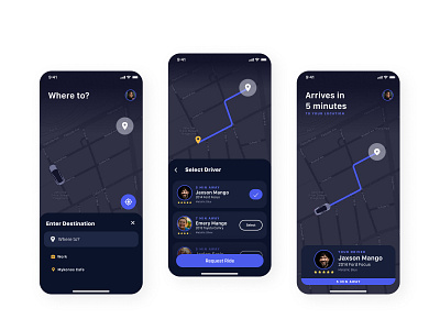 Pick Ride Share App app app design automotive branding dark app dark mode dark theme dark ui design ios minimal ride sharing rideshare ridesharing taxi app taxi booking app taxi driver typography ui ux