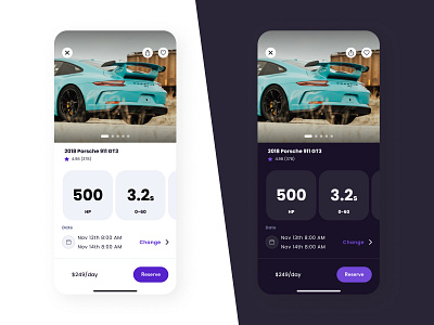 Car rental app light and dark mode 911 app automotive booking car dark dark mode description ios minimal porsche rental ui ux