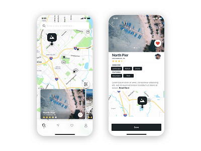 Photo Locations App app app design card design design detail view ios location app location pin map app maps minimal search bar ui ux