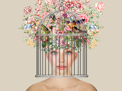 cell art artwork biege collage flowers girl illustration
