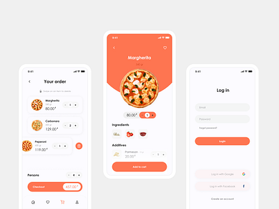 Pizza Delivery UI Kit Mobile app delevery design food kit log screen minimal minimalistic mobile orange pizza screen simple ui ui design ux