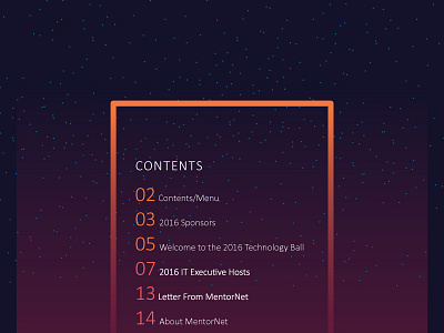 Table of Contents dark layout neon night print program purple stars table of contents toc