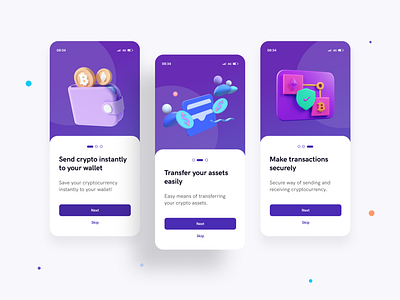Onboarding screens for cryptocurrency app crypto cryptocurrency design figma mobile onboarding purple ui ui ux welcome