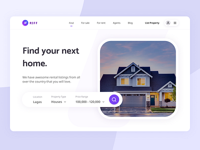 Real Estate Landing Page dailyui designlanding designproject designweb designwebsite figma minimalinterface purple real estate rental ui ux uxui viral webdesign