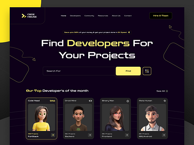 CODE HOUSE Development Agency Website agency avatar cartoon codehouse company creativework darkmode designconcept development finddeveloppers github graphic design illustration landingpage newnoteworthy stratup uiuxdesign uiuxdesigner webdesign website