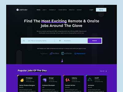 JobFinder Website Design Concept branding business creativework darkmode designconcept freelance graphicdesign hersection jobfinder jobsearch landin landingpage minimal newandnoteworthy onsite remote startups trendingnow uiuxdesigner webdesign