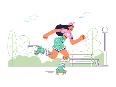 Girl roller skating character flat girl illustration park roller skating sportswear vector woman