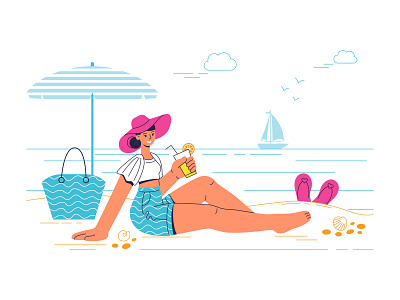 Girl on the beach beach character cocktail flat girl illustration relaxing sea summer vacation vector woman