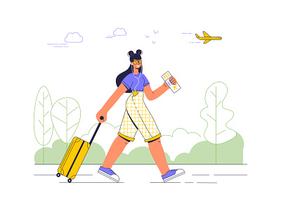 Girl travels by plane character flat girl illustration luggage plane suitcase ticket travel vector woman