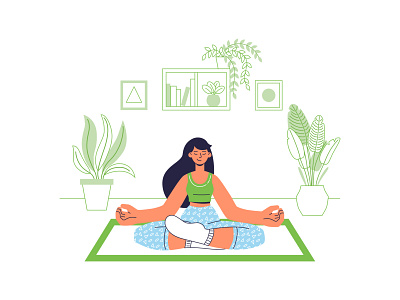 Yoga at home. Girl meditates in lotus position character flat girl home illustration lotus position meditation relaxing vector woman yoga