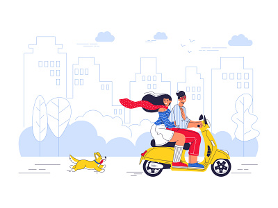 A guy and a girl are riding a scooter around the city character city corgi couple dog flat girl guy illustration man riding run scooter vector woman